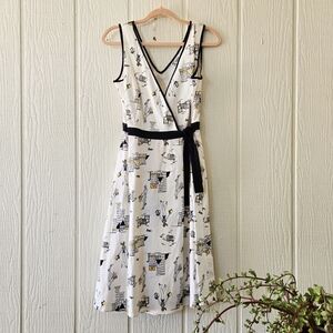 K Studio Retro Vintage Print V Neck Surplice Wrap Tie Waist Dress White sz 6
